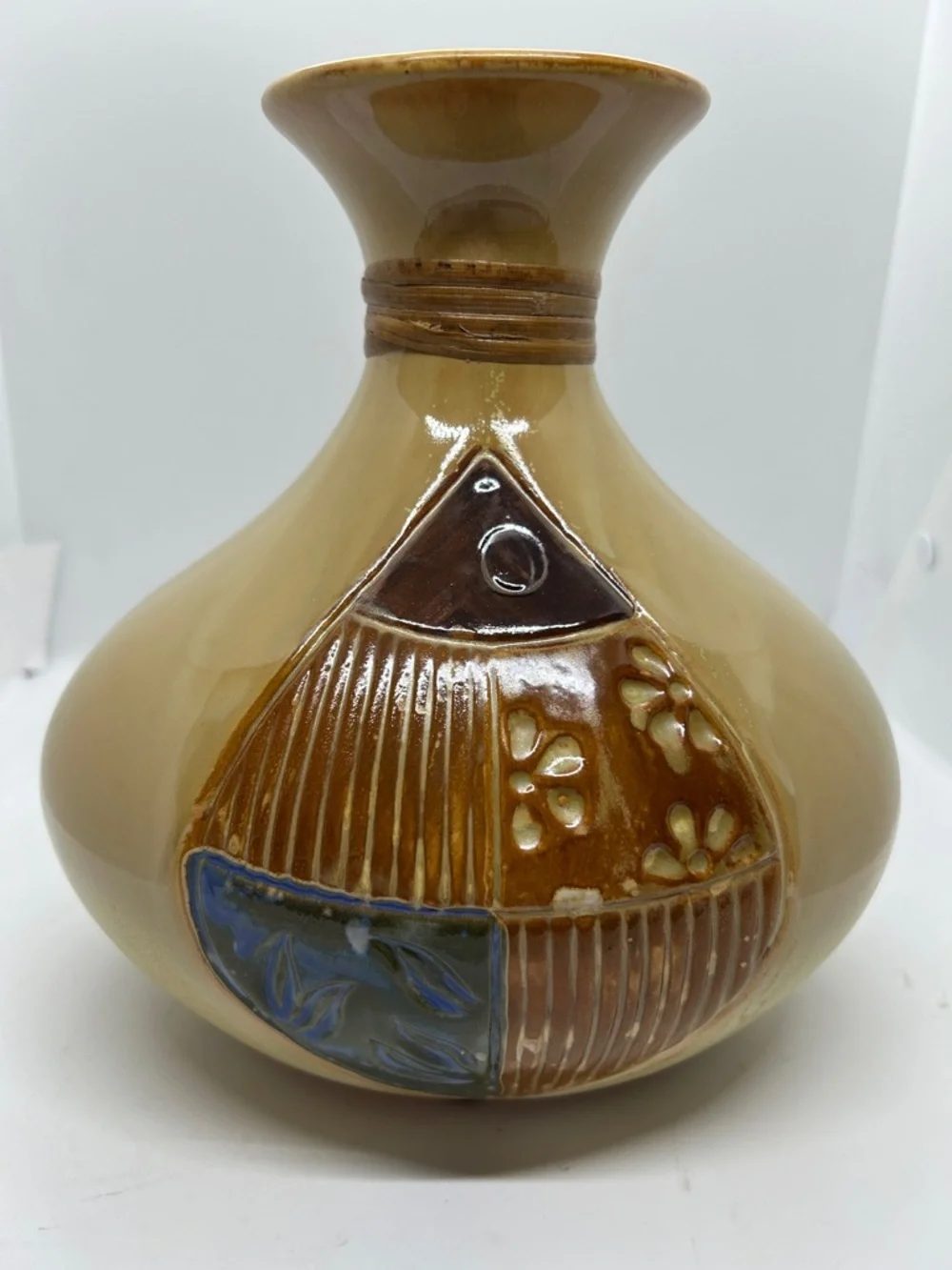 Vase Beige W/blue & Brown Flowers & Stripes Artwork On 2 Sides Unknown Origin
